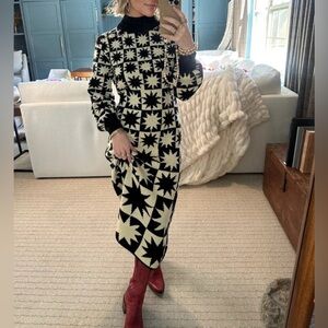 FARM RIO Dress Sweater By Farm Rio In Black Stars Long Sleeve White Black S NWT